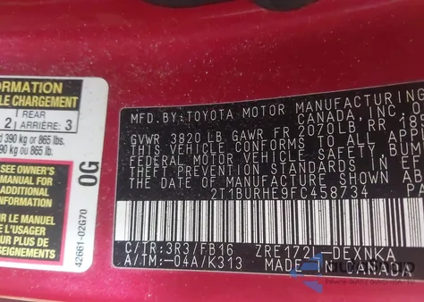 2015 Toyota Corolla Le from USA, damaged, VIN 2T1BURHE9FC458734